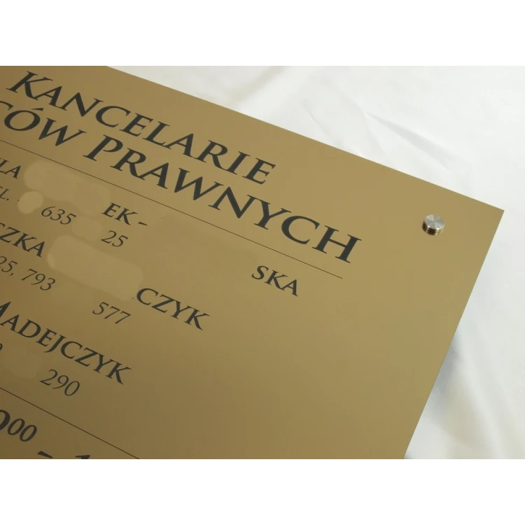 SZYLD KANCELARIE RADCÓW PRAWNYCH - złoty szczotkowany błyszczący laminat - SZ054 - wym. 680x440mm