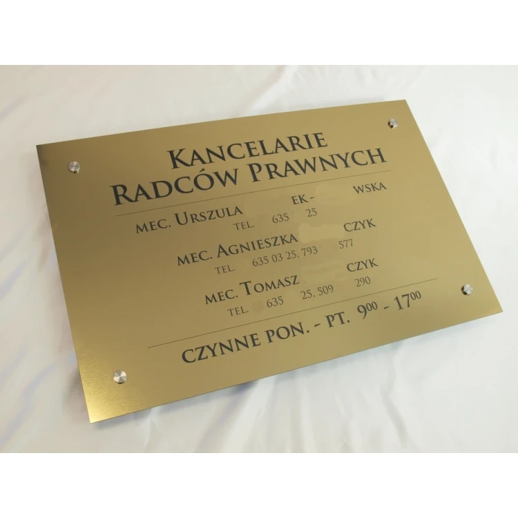 SZYLD KANCELARIE RADCÓW PRAWNYCH - złoty szczotkowany błyszczący laminat - SZ054 - wym. 680x440mm