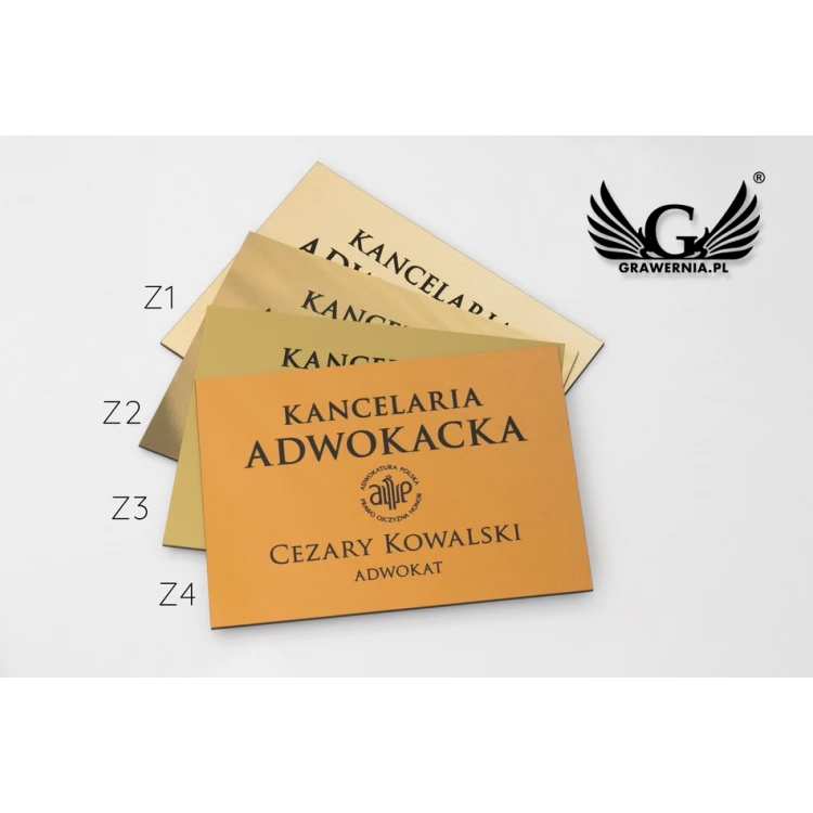 SZYLD KANCELARIE RADCÓW PRAWNYCH - złoty szczotkowany błyszczący laminat - SZ054 - wym. 680x440mm