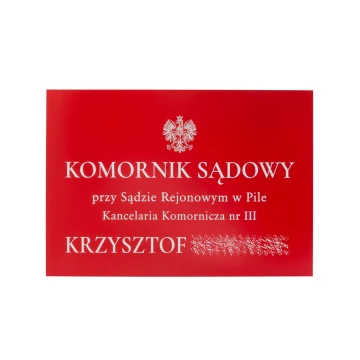 Szyld Komornik Sądowy grawerowany laserem - czerwony laminat - SZ137 - wym. 500x350mm