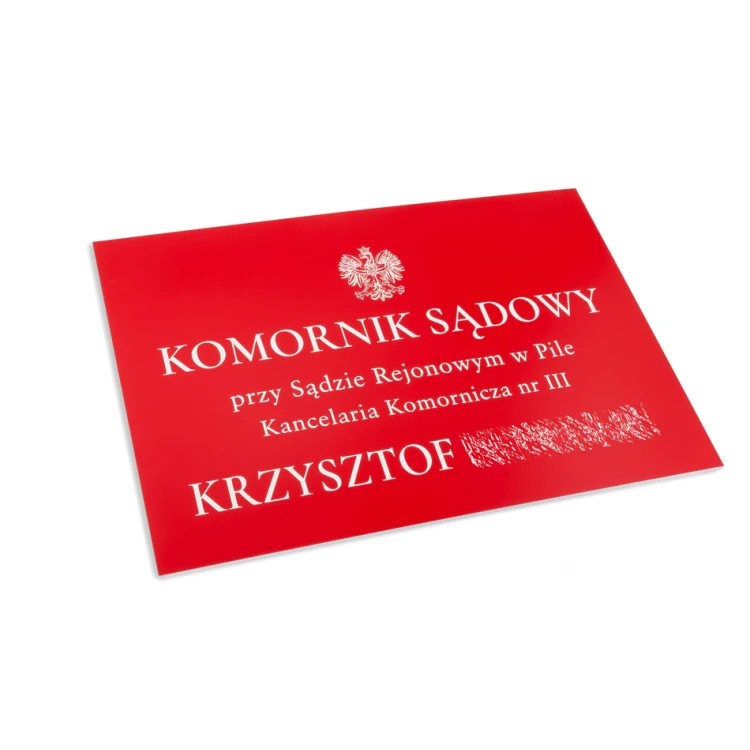 Szyld Komornik Sądowy grawerowany laserem - czerwony laminat - SZ137 - wym. 500x350mm