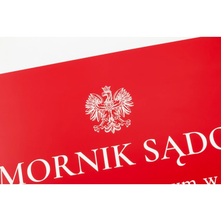 Szyld Komornik Sądowy grawerowany laserem - czerwony laminat - SZ137 - wym. 500x350mm