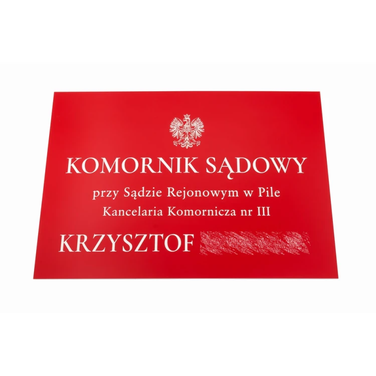 Szyld Komornik Sądowy grawerowany laserem - czerwony laminat - SZ137 - wym. 500x350mm