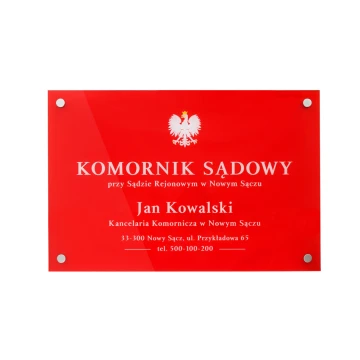 Szyld Komornik Sądowy z pleksi gr. 5mm - plexi bezbarwna transparentna z nadrukiem UV - SZ157 - wym. 600x400mm