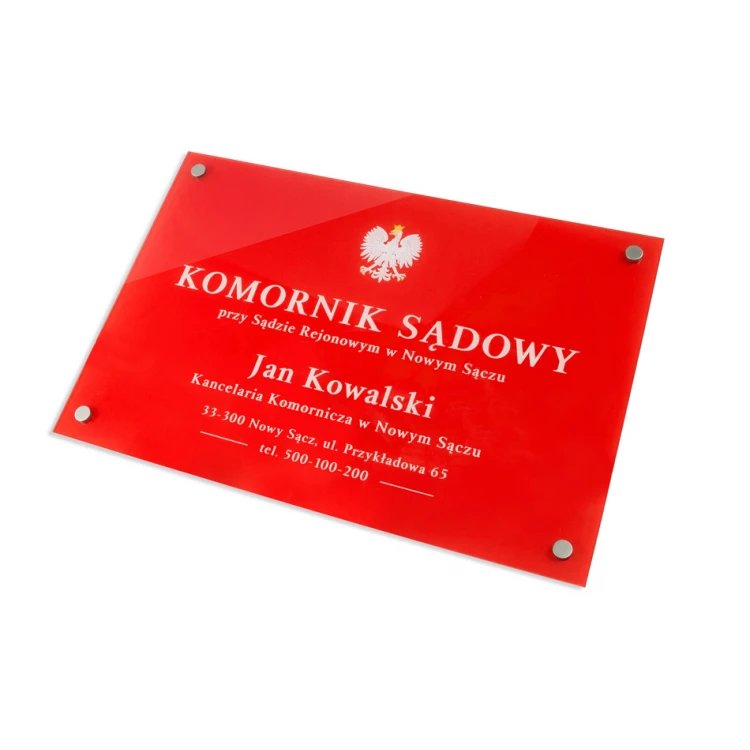 Szyld Komornik Sądowy z pleksi gr. 5mm - plexi bezbarwna transparentna z nadrukiem UV - SZ157 - wym. 600x400mm