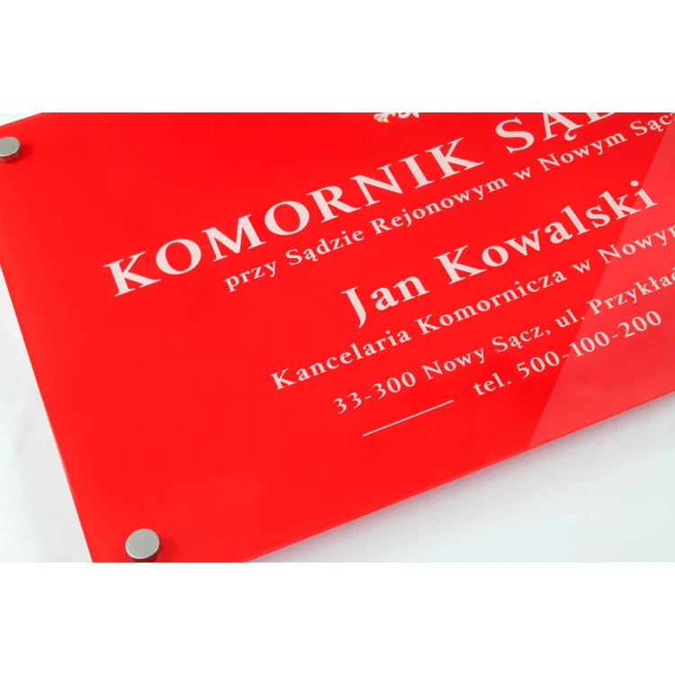 Szyld Komornik Sądowy z pleksi gr. 5mm - plexi bezbarwna transparentna z nadrukiem UV - SZ157 - wym. 600x400mm