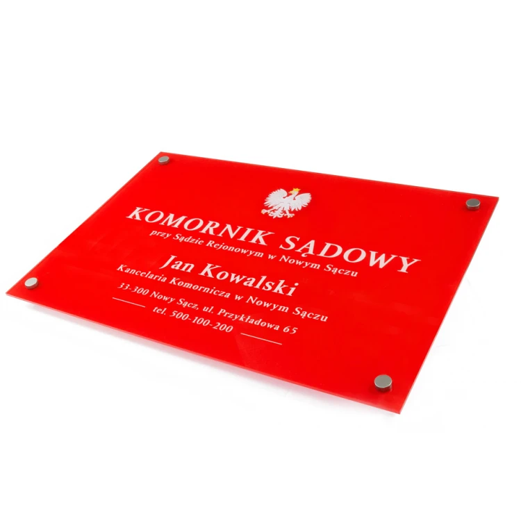 Szyld Komornik Sądowy z pleksi gr. 5mm - plexi bezbarwna transparentna z nadrukiem UV - SZ157 - wym. 600x400mm