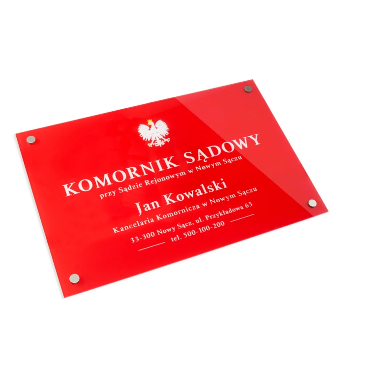 Szyld Komornik Sądowy z pleksi gr. 5mm - plexi bezbarwna transparentna z nadrukiem UV - SZ157 - wym. 600x400mm