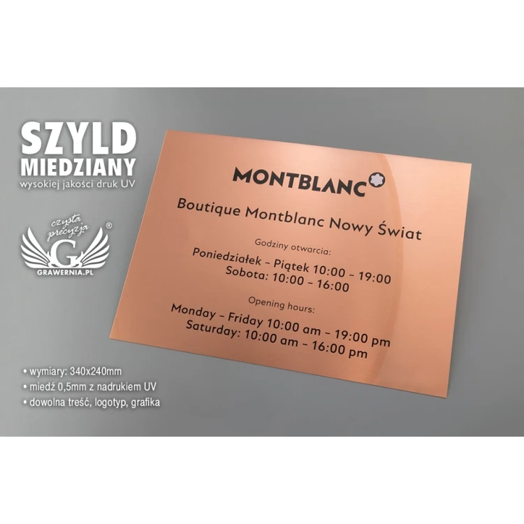 Szyld miedziany z nadrukiem UV - wym. 340x240mm - TAB070