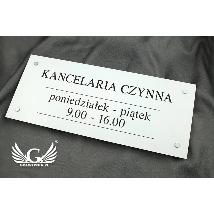 SZYLD KANCELARIA - biały laminat - godziny otwarcia - SZ086 - wym. 500x210mm