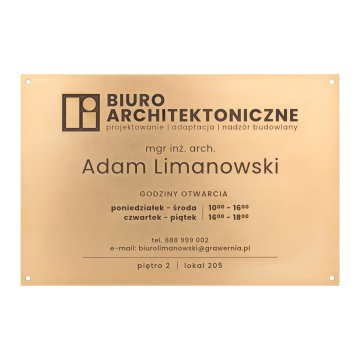 Szyld z mosiądzu zabezpieczony woskiem - grawer CNC - wym. 295x195mm - TAB574
