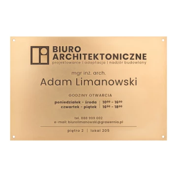 Szyld z mosiądzu zabezpieczony woskiem - grawer CNC - wym. 295x195mm - TAB574
