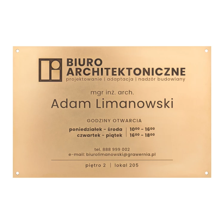 Szyld z mosiądzu zabezpieczony woskiem - grawer CNC - wym. 295x195mm - TAB574