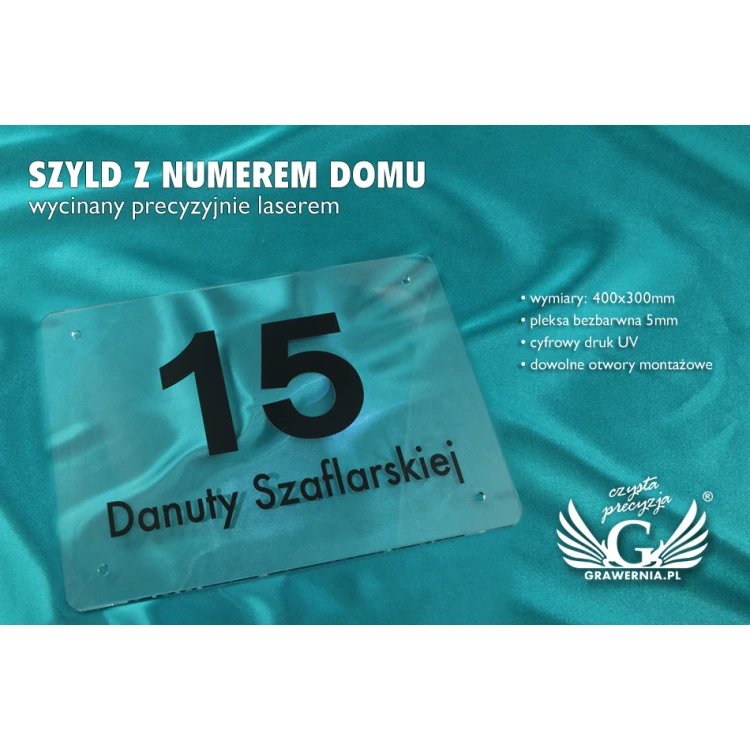 Szyld z numerem domu - plexi bezbarwna gr. 5mm -  druk UV - SZ096 - wym. 400x300mm 