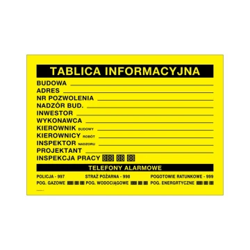 Tablica informacyjna budowy - wym. 700x500mm - PVC - kolorowy druk UV - BHP176