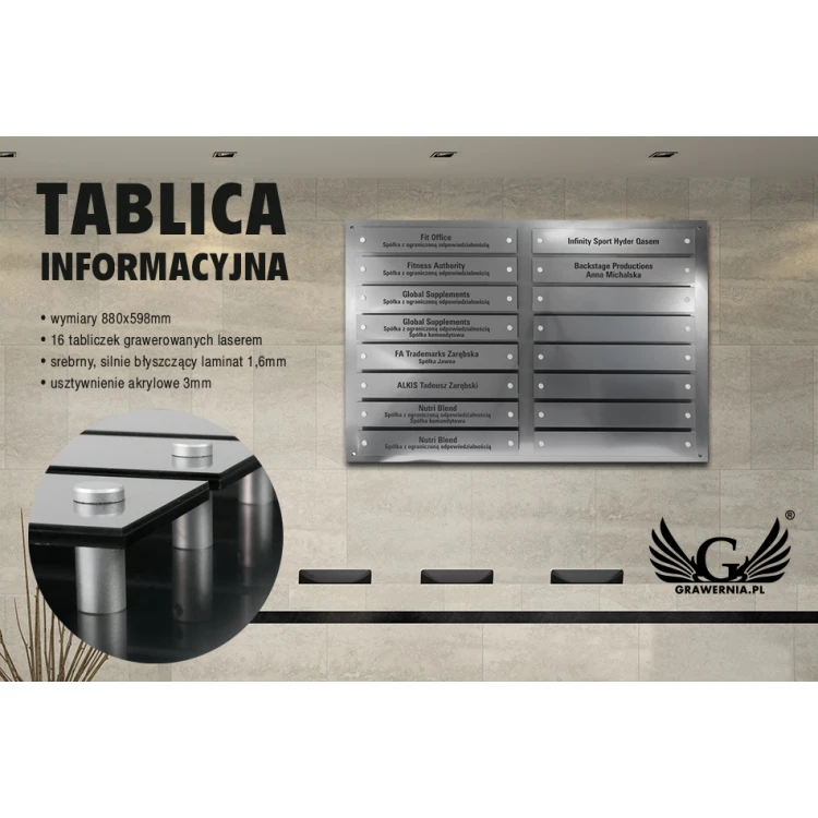 Tablica informacyjna na dystansach - grawerowana laserem - wym: 880x598mm - TAB099