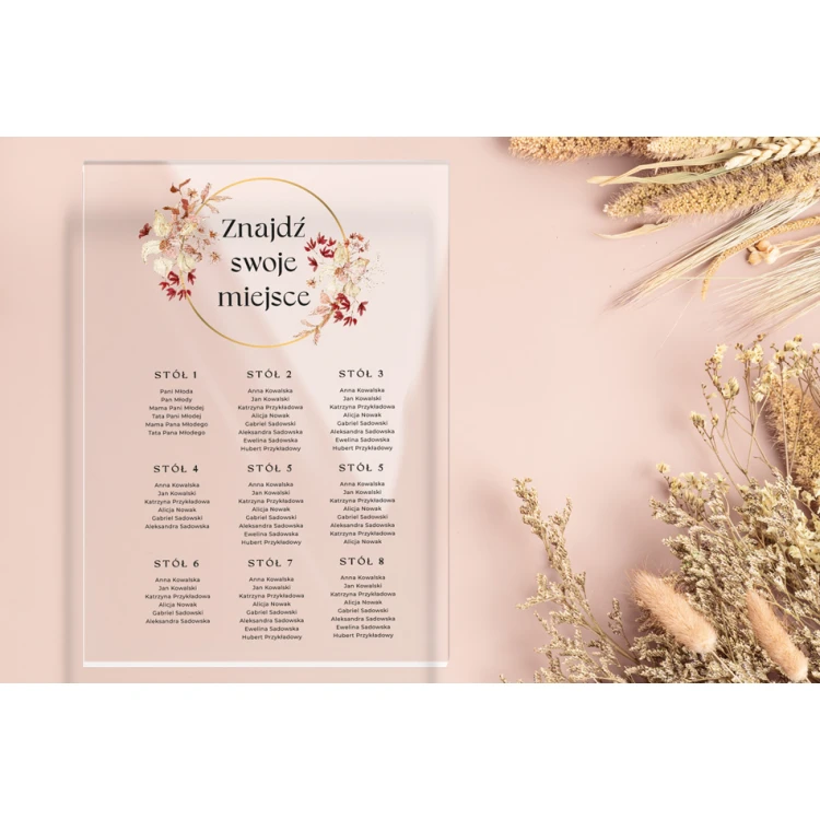 Tablica na wesele z układem stołów - plexi 5mm z nadrukiem UV - wym. 500x700mm - TNS009