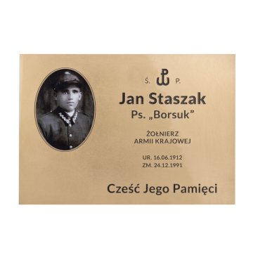 Tablica pamiątkowa z fotografią  - mosiądz szczotkowany i lakierowany - wym. 300x210mm - TAB556 