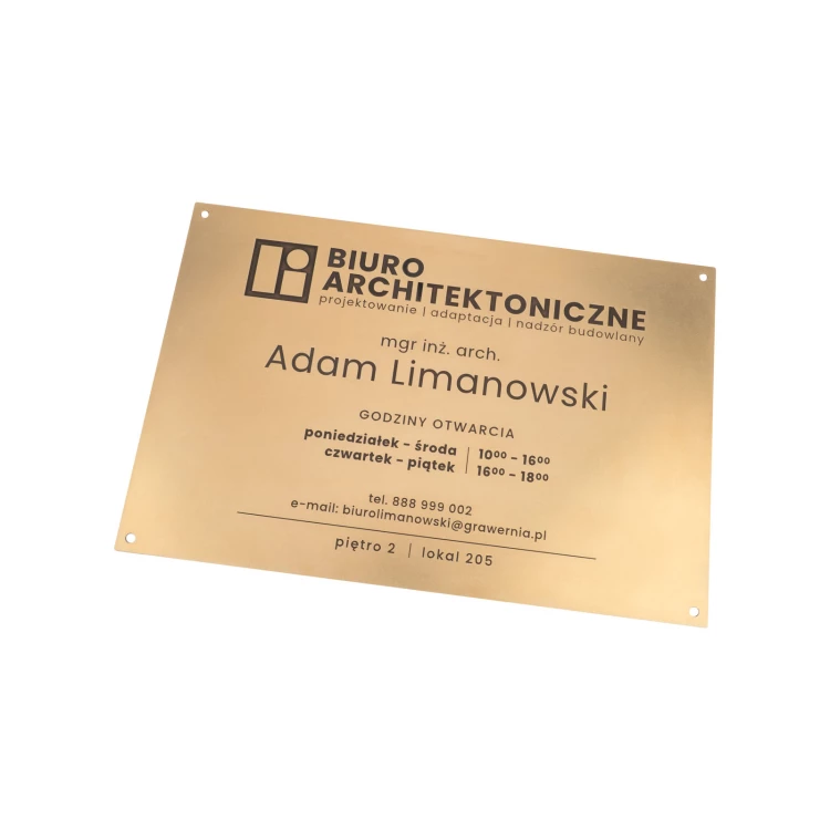 Szyld z mosiądzu zabezpieczony woskiem - grawer CNC - wym. 295x195mm - TAB574