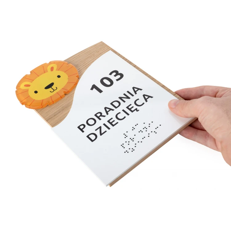 Tabliczka dla przychodni z pismem Braille'a - płyta fornirowana dąb i PCW - wym. 220x155mm - TAB407