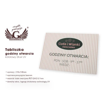 Tabliczka firmowa - godziny otwarcia - wym. 210x148mm (A5) druk UV
