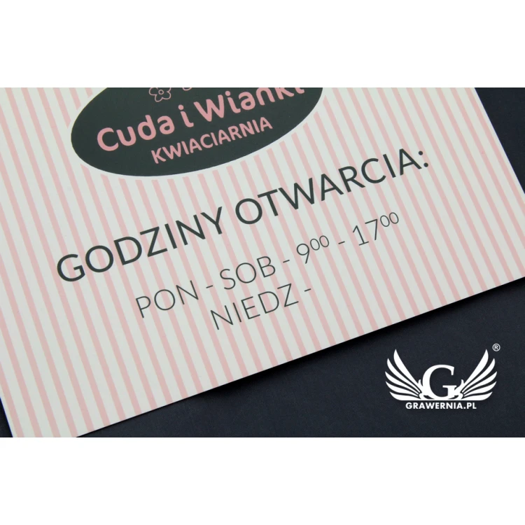 Tabliczka firmowa - godziny otwarcia - wym. 210x148mm (A5) druk UV