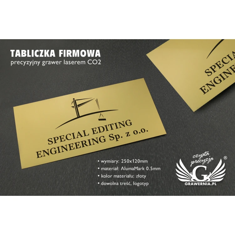 Tabliczka firmowa ze złotego aluminium - AlumaMark - wym. 250x120mm