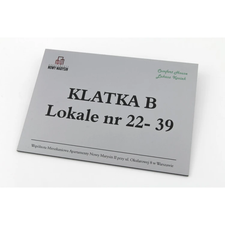 Tabliczka informacyjna do windy lub budynku - DIBOND MAT srebrny 3mm - druk UV - wym. 210x148mm - SZUV017