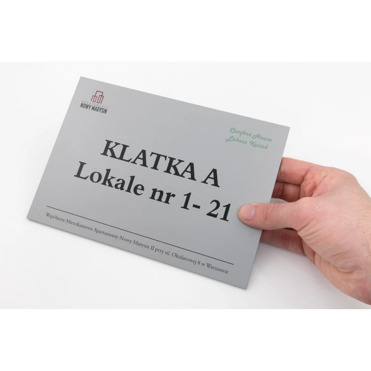 Tabliczka informacyjna do windy lub budynku - DIBOND MAT srebrny 3mm - druk UV - wym. 210x148mm - SZUV017