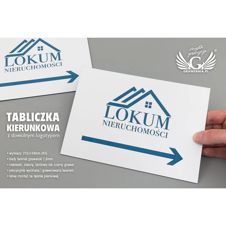 Tabliczka kierunkowa z logotypem firmy - wym. 210x148mm (A5) - biały laminat z kolorowym grawerem - TAB090