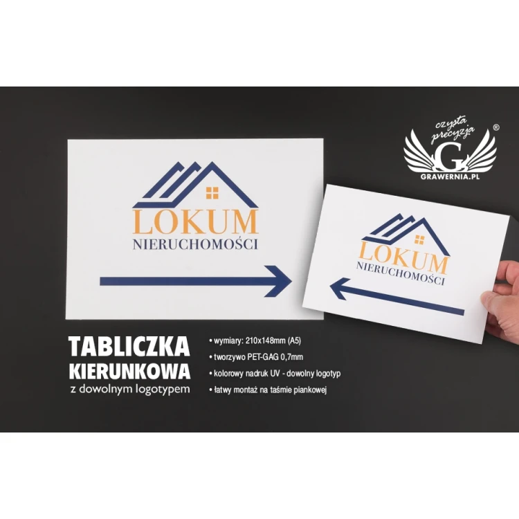 Tabliczka kierunkowa z logotypem firmy - wym. 210x148mm (A5) - kolorowy druk UV - PCW - TAB092
