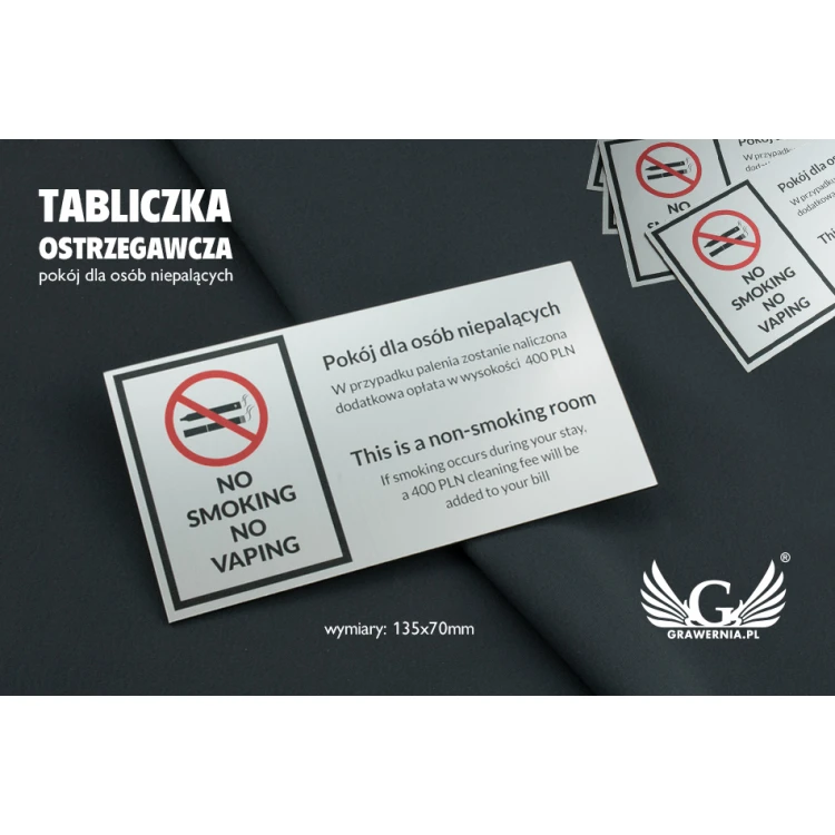 Tabliczka ostrzegawcza  - pokój dla osób niepalących - wym. 135x70mm - kolorowy druk UV