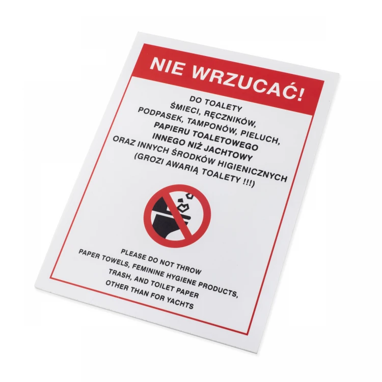 Tabliczka ostrzegawcza toalety jachtowej - wym. 150x200mm - PVC - kolorowy druk UV - TAB514