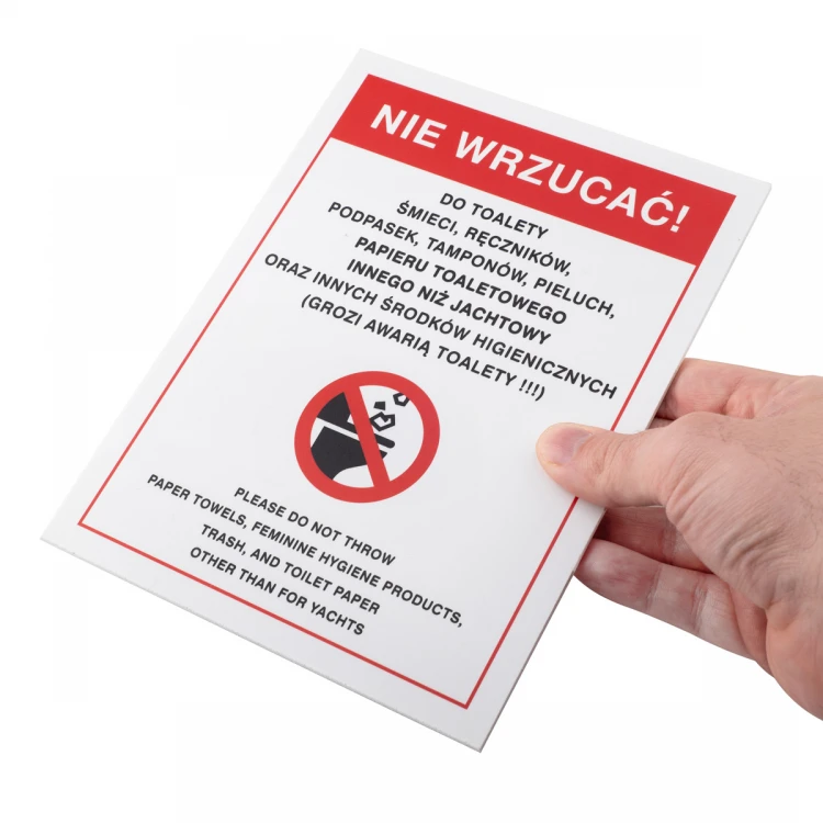 Tabliczka ostrzegawcza toalety jachtowej - wym. 150x200mm - PVC - kolorowy druk UV - TAB514