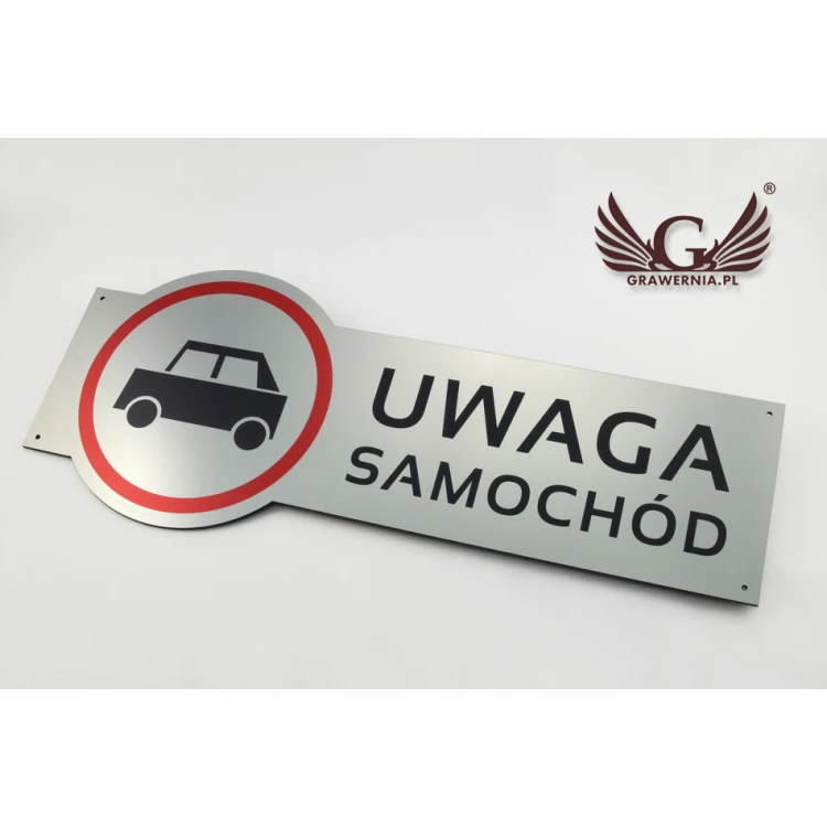 Tabliczka ostrzegawcza - uwaga samochód - wym. 490x200mm - kolorowy druk UV