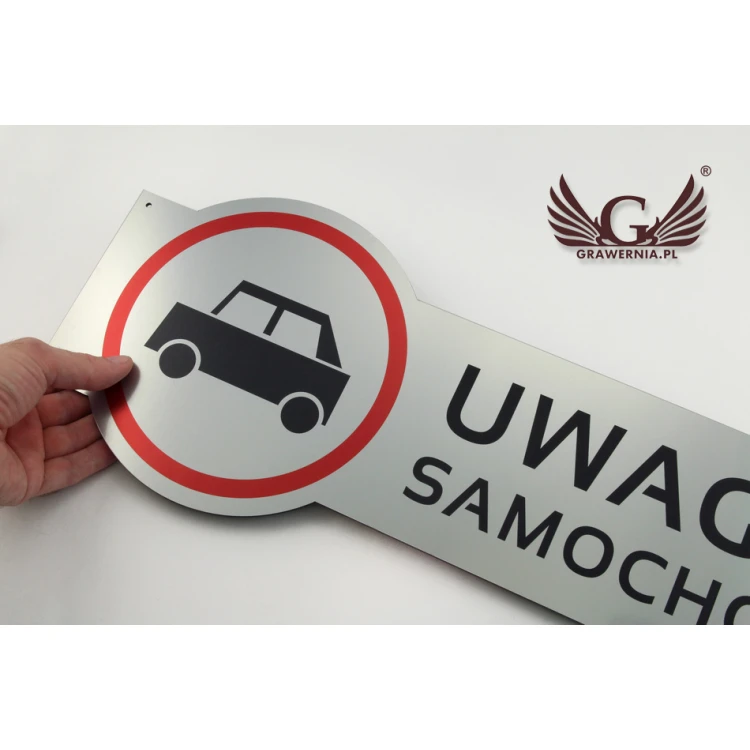 Tabliczka ostrzegawcza - uwaga samochód - wym. 490x200mm - kolorowy druk UV