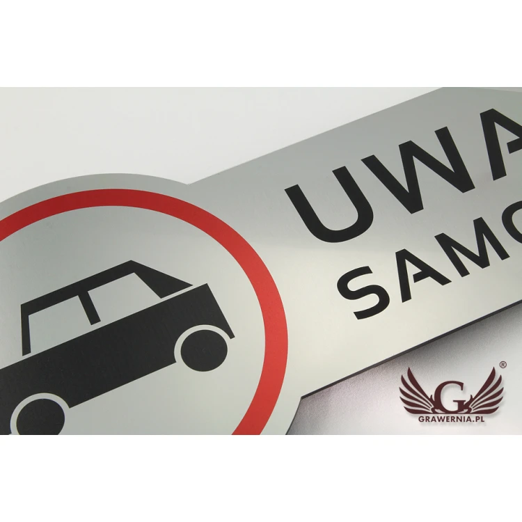 Tabliczka ostrzegawcza - uwaga samochód - wym. 490x200mm - kolorowy druk UV