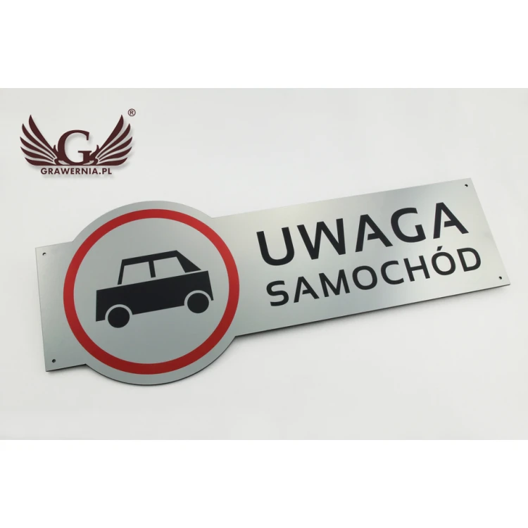 Tabliczka ostrzegawcza - uwaga samochód - wym. 490x200mm - kolorowy druk UV