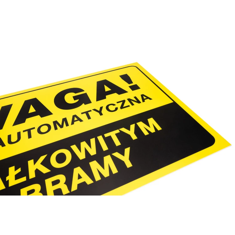 Tabliczka ostrzegawcza uwaga brama automatyczna - wym. 700x300mm - PVC - kolorowy druk UV - TAB157
