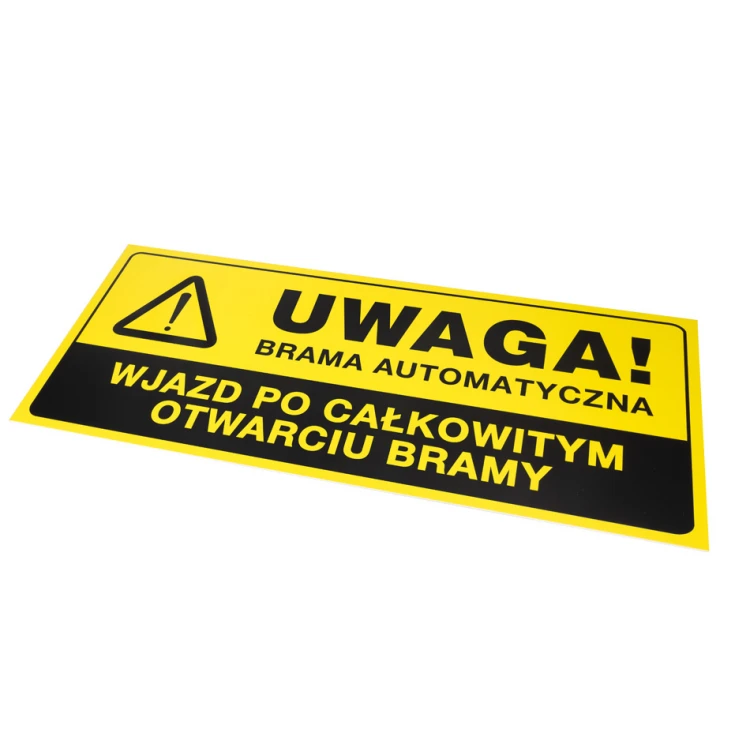 Tabliczka ostrzegawcza uwaga brama automatyczna - wym. 700x300mm - PVC - kolorowy druk UV - TAB157