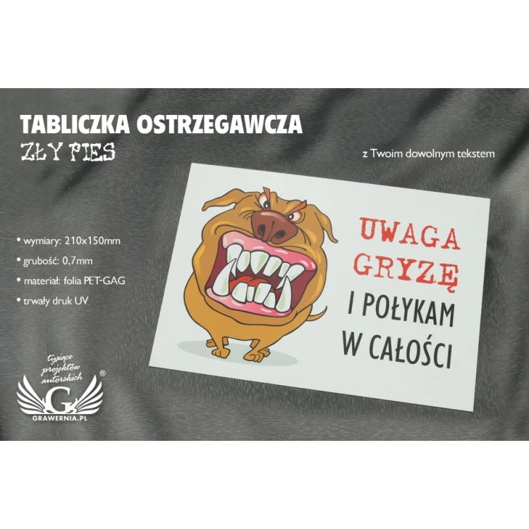 Tabliczka ostrzegawcza - zły pies -  tworzywo PCW - wym. 210x150mm - TZP002