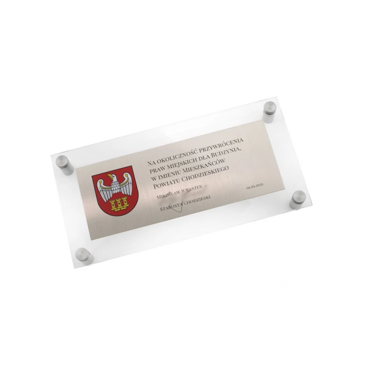 Tabliczka pamiątkowa z mosiądzu srebrzonego i akrylu - wym. 220x110mm - TAB125 