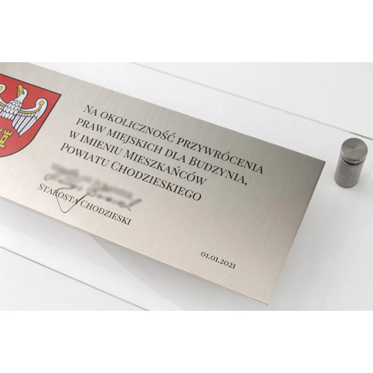 Tabliczka pamiątkowa z mosiądzu srebrzonego i akrylu - wym. 220x110mm - TAB125 