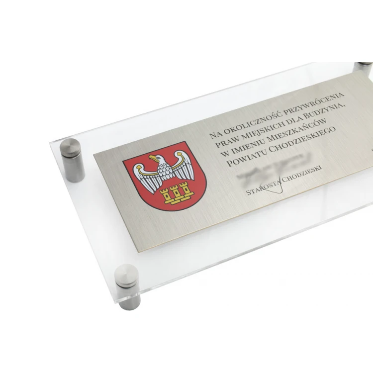 Tabliczka pamiątkowa z mosiądzu srebrzonego i akrylu - wym. 220x110mm - TAB125 