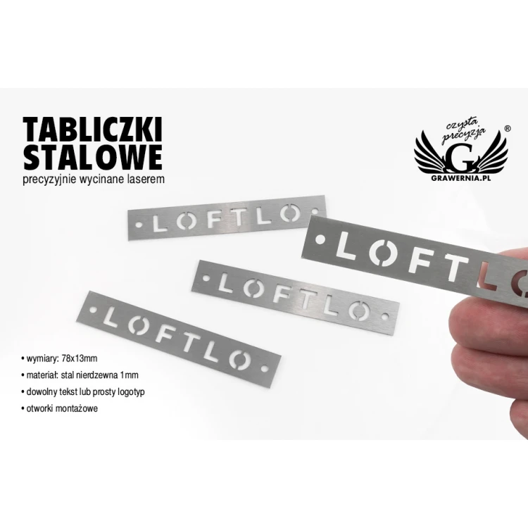 Tabliczka stalowa - logo wycinane na wylot - wym. 78x13 gr. 0,5 mm - TAB111
