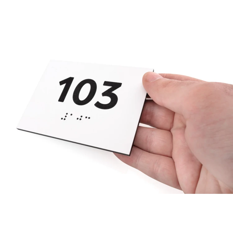 Tabliczka z dowolną numeracją i pismem Braille'a - wym. 100x75mm - biały laminat grawerski 3mm - TAB288