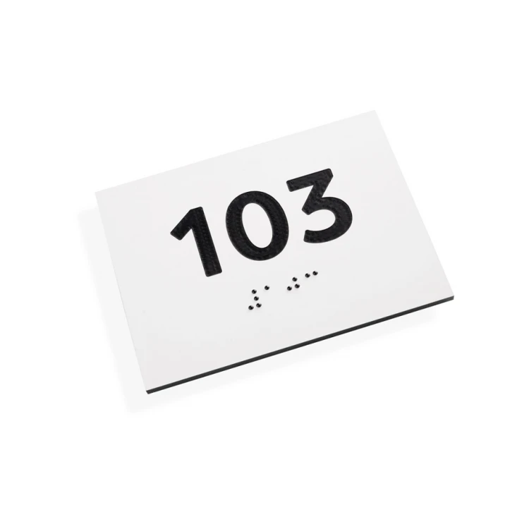 Tabliczka z dowolną numeracją i pismem Braille'a - wym. 100x75mm - biały laminat grawerski 3mm - TAB288