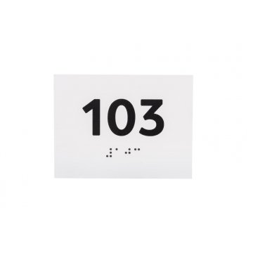 Tabliczka z dowolną numeracją i pismem Braille'a - wym. 100x75mm - biały laminat grawerski 3mm - TAB288