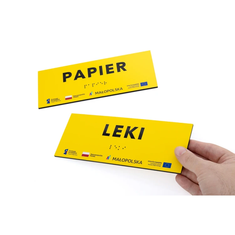 Tabliczka z pismem Braille'a - żółty laminat grawerski 3mm - wym. 200x80mm - TAB393 