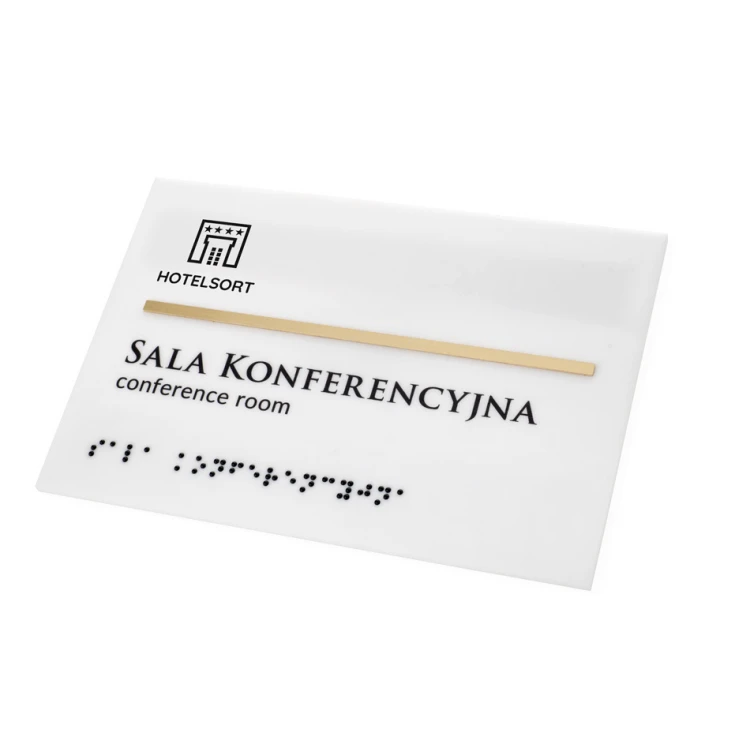 Tabliczka z pismem Braille'a - biały akryl mat i mosiądz - wym. 155x105mm - TAB396
